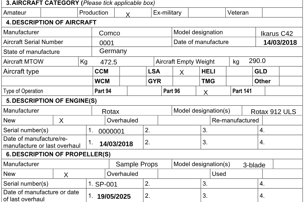 SACAA form CA 24-03, the Authority to Fly renewal, with the aircraft's category, manufacturer, serial number, weights, engine and propeller details filled in and the right boxes ticked