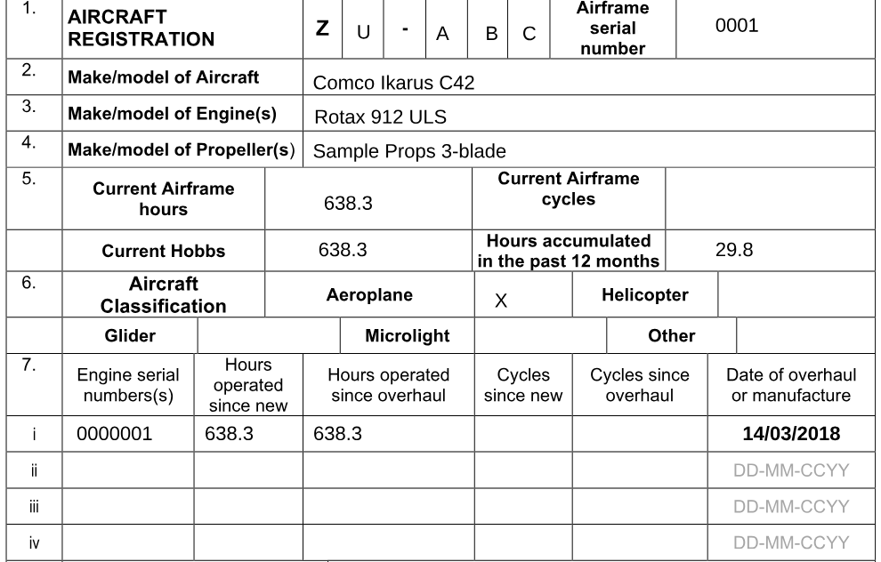 SACAA form CA 44-01, the annual maintenance review, with the registration ZU-ABC, aircraft, engine and propeller, airframe and Hobbs hours, hours in the last 12 months, and the engine's serial number, hours and date already filled in