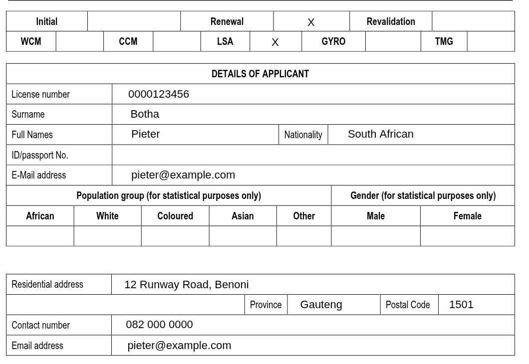 SACAA form CA 62-02 with the Renewal and LSA boxes ticked and the pilot's licence number, name, nationality, email, address and contact number already filled in