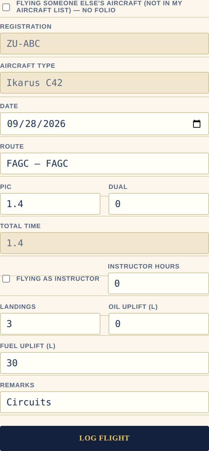 The FolioFly screen for logging a flight on a phone: registration, date, route, hours, landings, fuel and remarks, with a Log Flight button